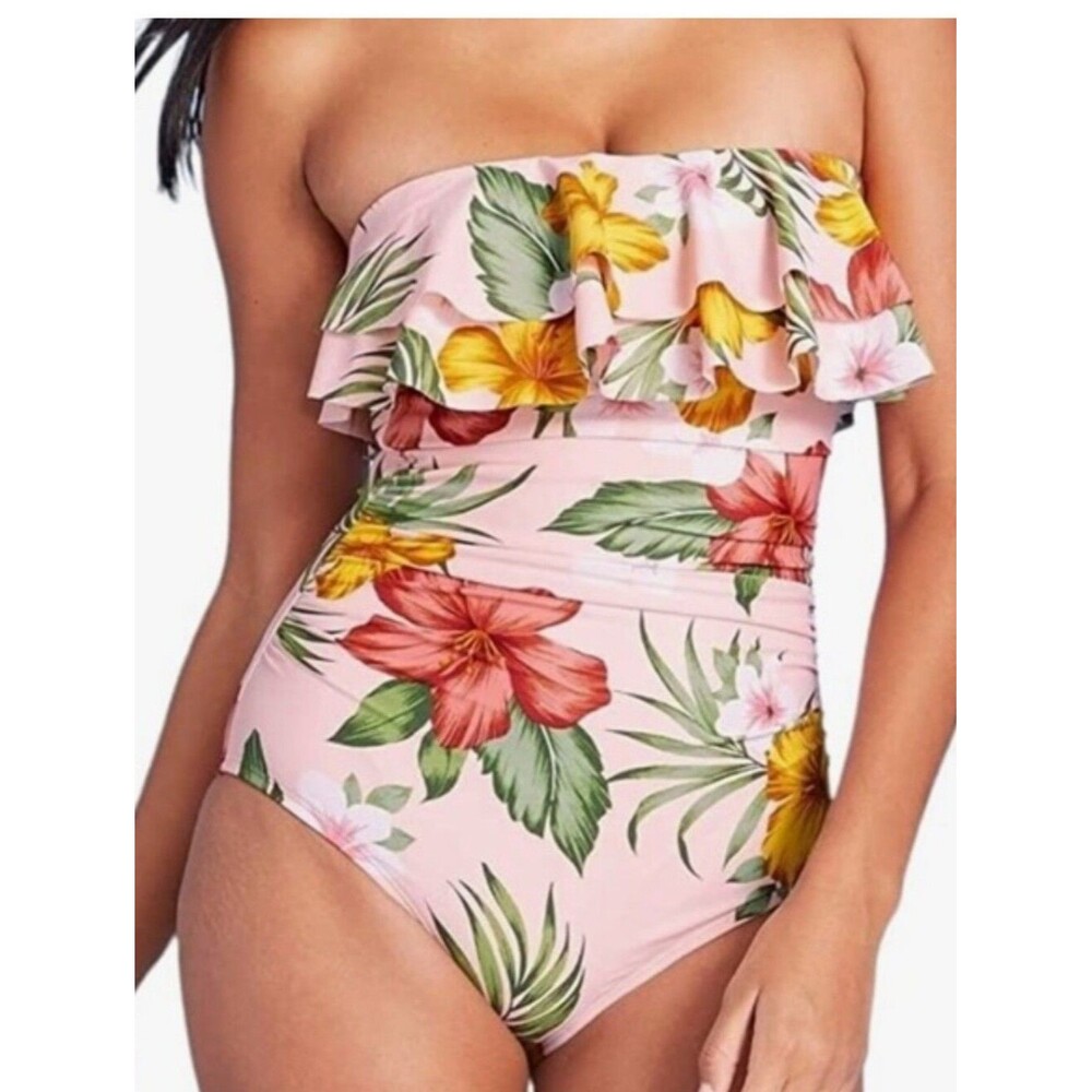 Kona Sol Strapless (No Straps Included) Dusty Mauve & Floral, Ruffles, L